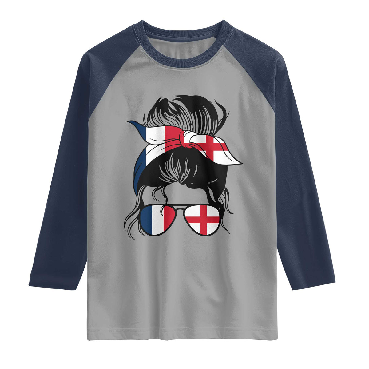Proud France England Flag Messy Bun Bandana Sunglasses Graphic Raglan Shirt French Anglo English Heritage Roots Woman