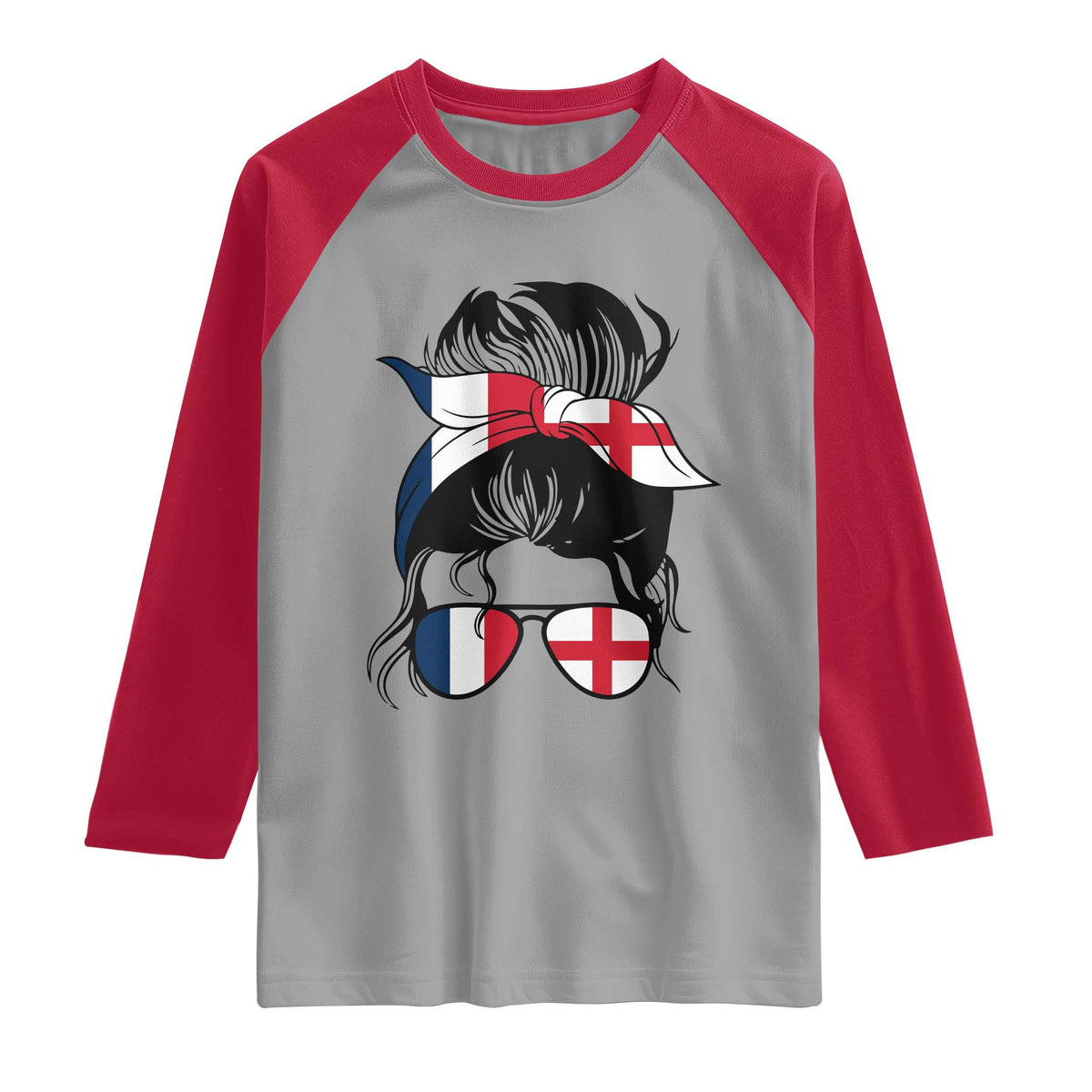 Proud France England Flag Messy Bun Bandana Sunglasses Graphic Raglan Shirt French Anglo English Heritage Roots Woman