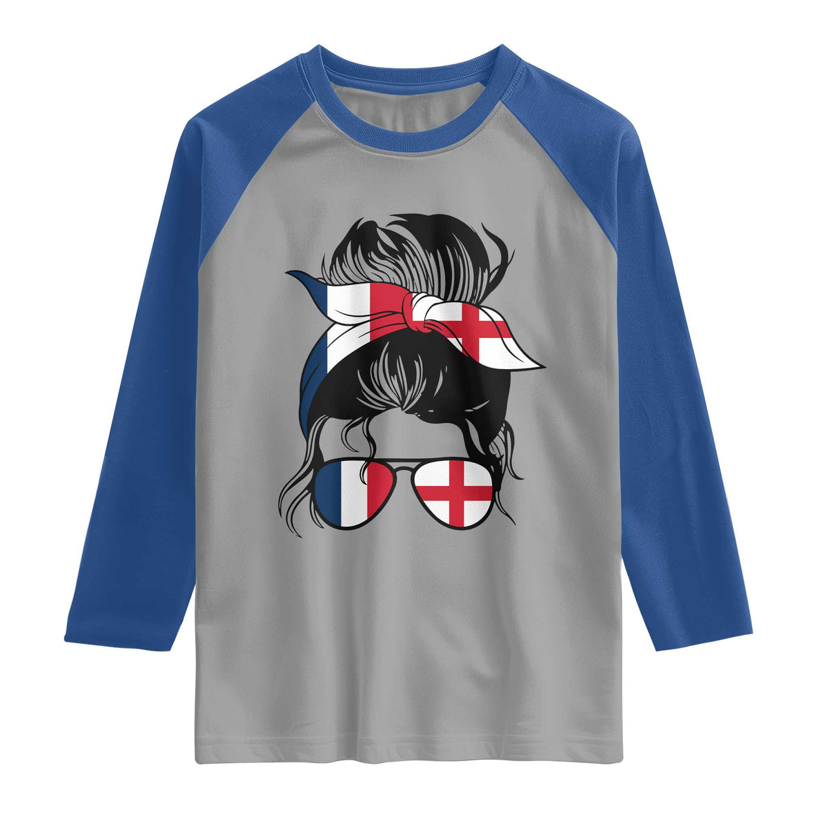 Proud France England Flag Messy Bun Bandana Sunglasses Graphic Raglan Shirt French Anglo English Heritage Roots Woman