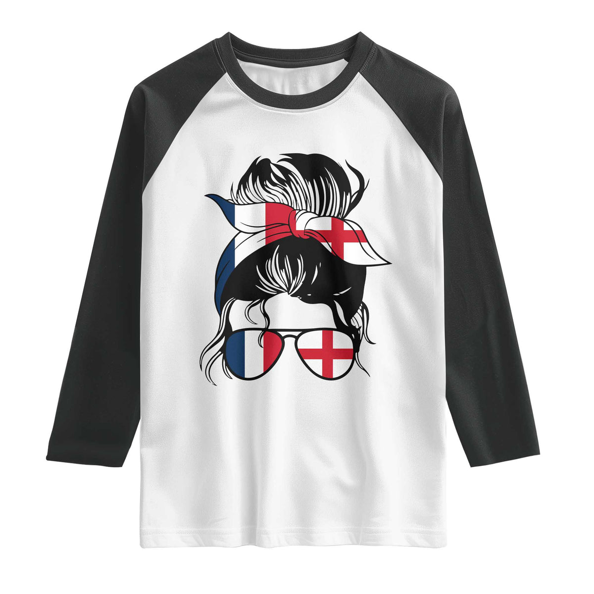 Proud France England Flag Messy Bun Bandana Sunglasses Graphic Raglan Shirt French Anglo English Heritage Roots Woman
