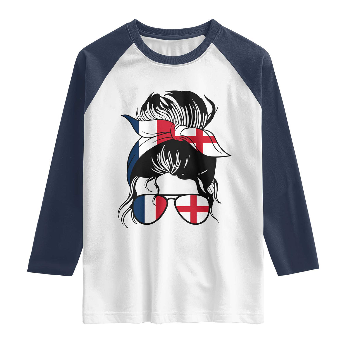 Proud France England Flag Messy Bun Bandana Sunglasses Graphic Raglan Shirt French Anglo English Heritage Roots Woman