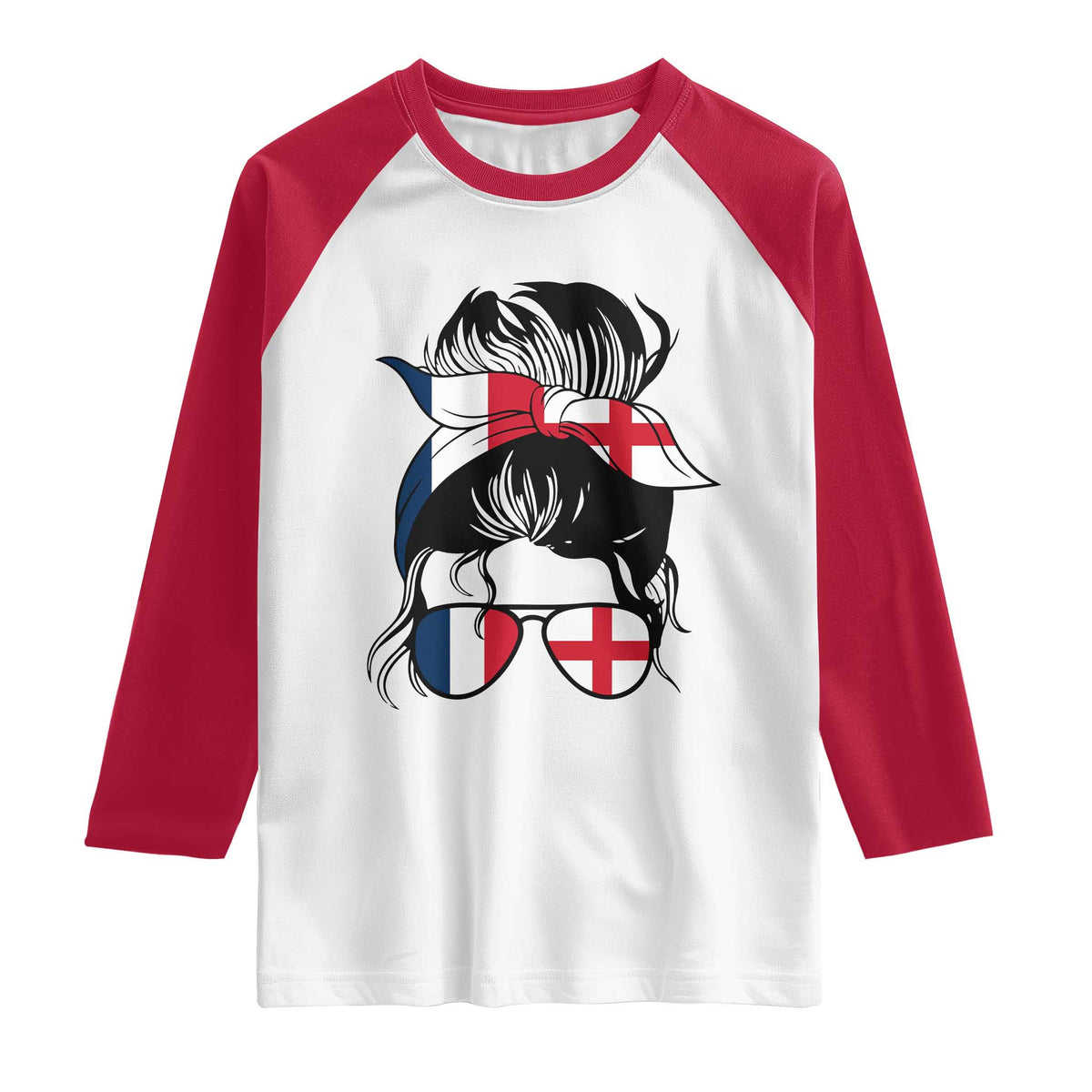 Proud France England Flag Messy Bun Bandana Sunglasses Graphic Raglan Shirt French Anglo English Heritage Roots Woman