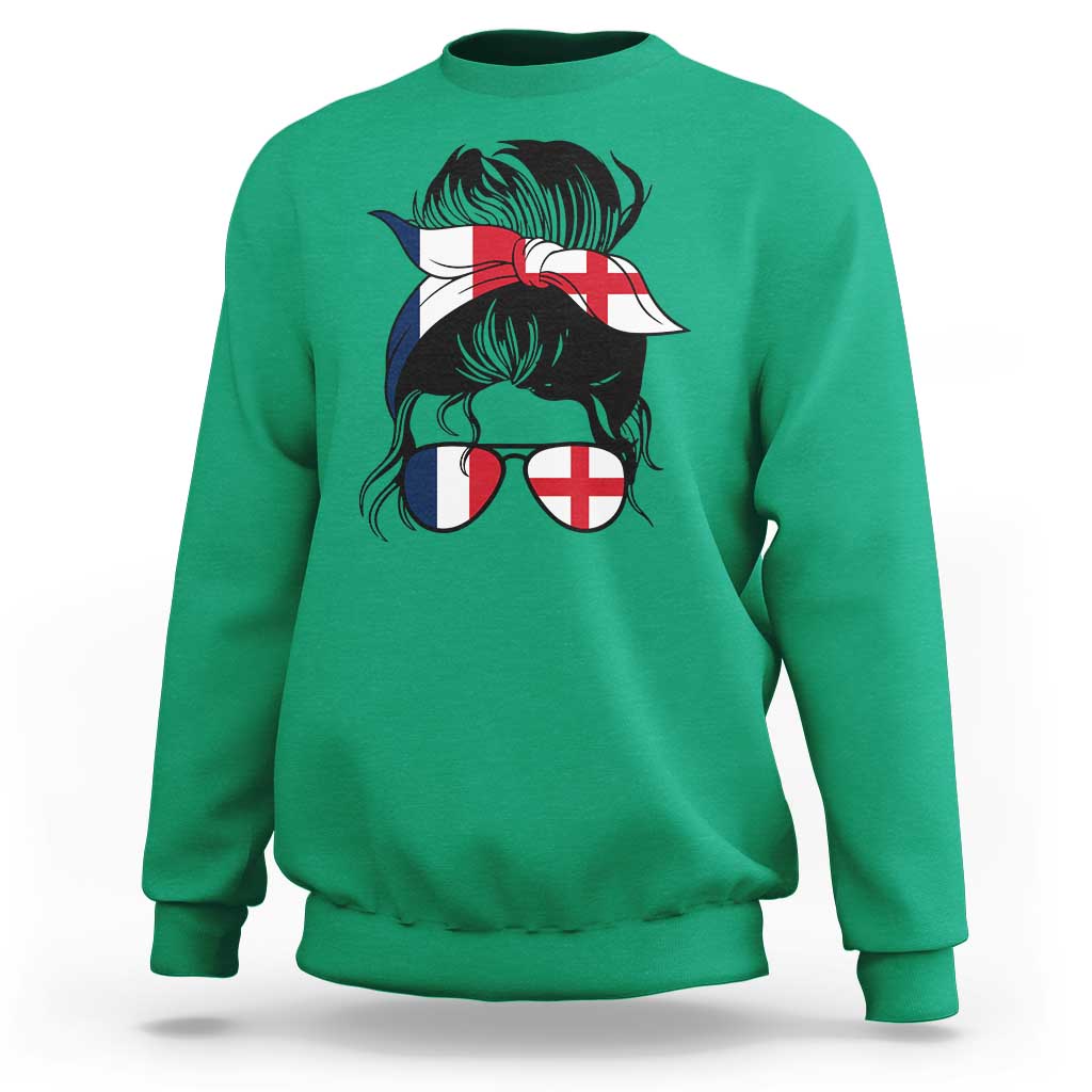 Proud France England Flag Messy Bun Bandana Sunglasses Graphic Sweatshirt French Anglo English Heritage Roots Woman
