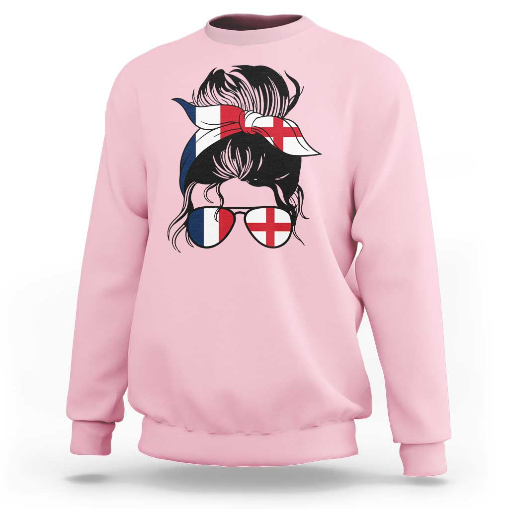 Proud France England Flag Messy Bun Bandana Sunglasses Graphic Sweatshirt French Anglo English Heritage Roots Woman
