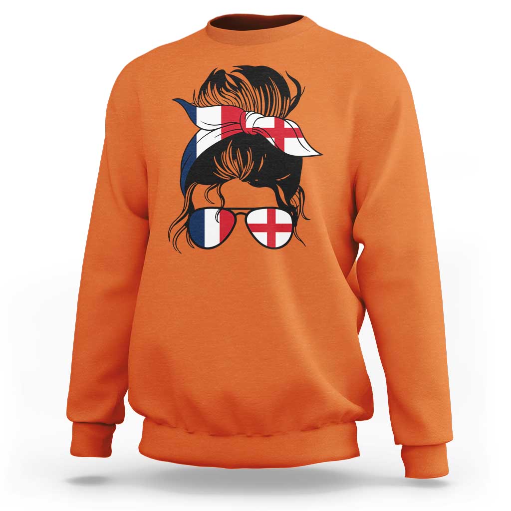 Proud France England Flag Messy Bun Bandana Sunglasses Graphic Sweatshirt French Anglo English Heritage Roots Woman