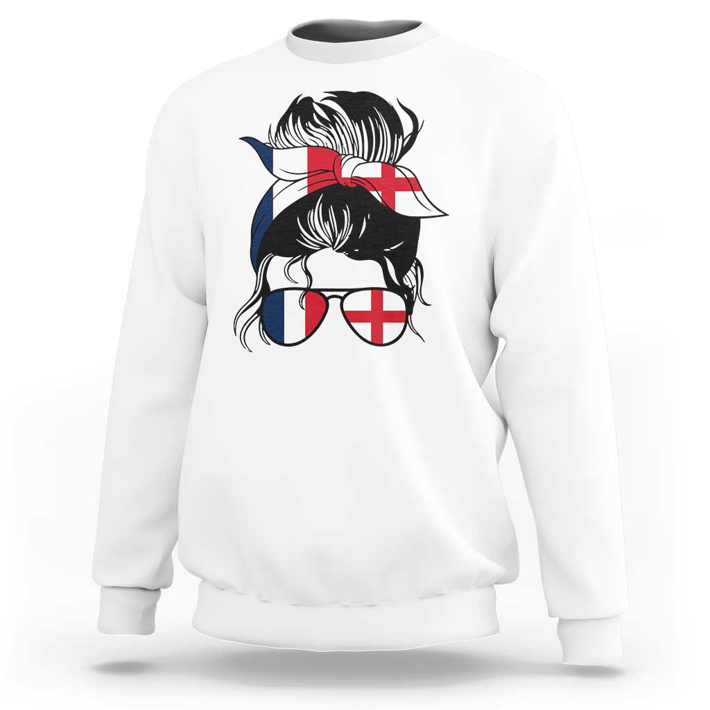 Proud France England Flag Messy Bun Bandana Sunglasses Graphic Sweatshirt French Anglo English Heritage Roots Woman