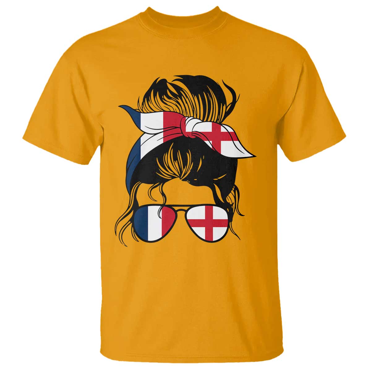 Proud France England Flag Messy Bun Bandana Sunglasses Graphic T Shirt French Anglo English Heritage Roots Woman