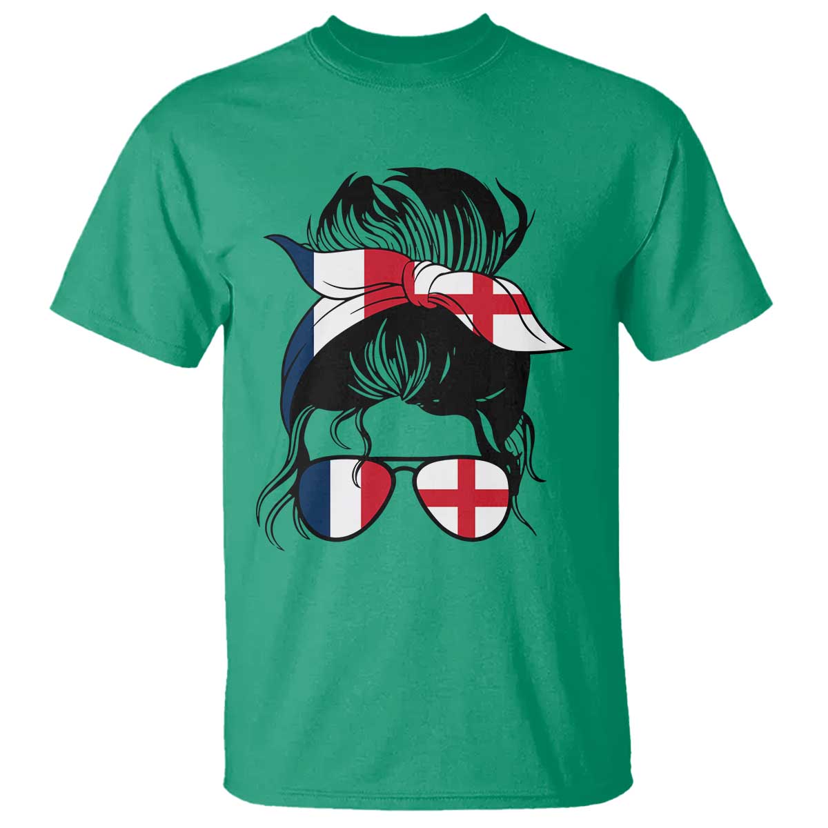 Proud France England Flag Messy Bun Bandana Sunglasses Graphic T Shirt French Anglo English Heritage Roots Woman