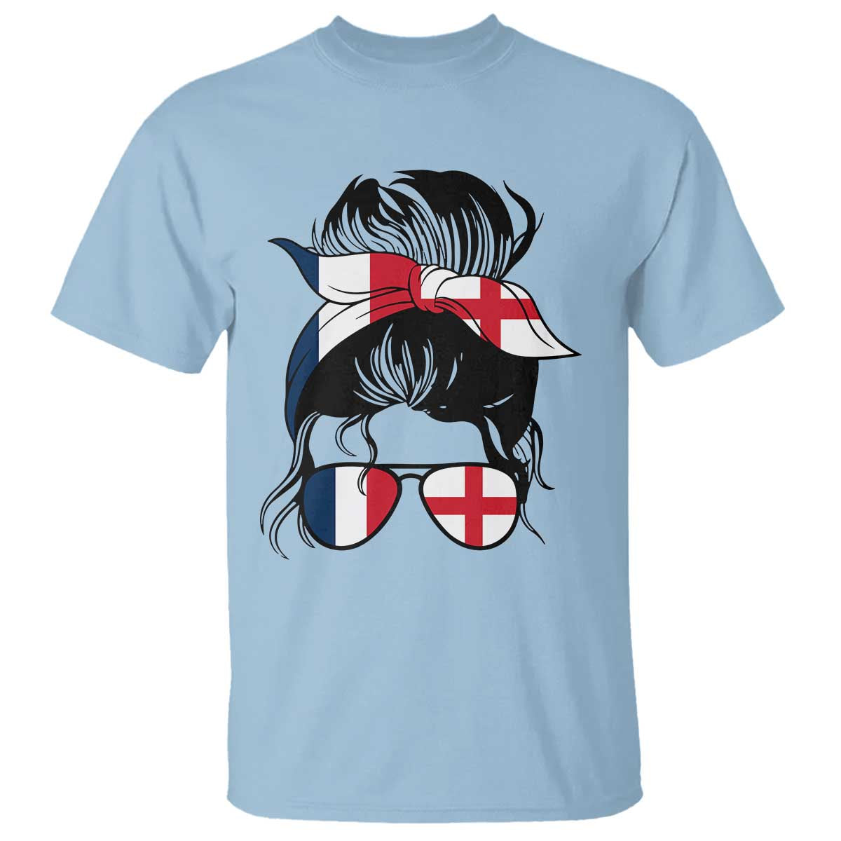 Proud France England Flag Messy Bun Bandana Sunglasses Graphic T Shirt French Anglo English Heritage Roots Woman