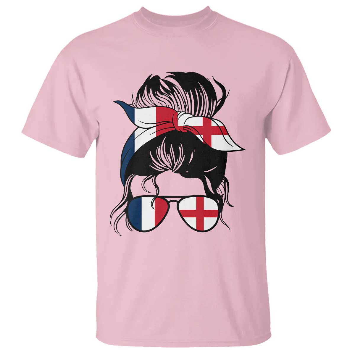 Proud France England Flag Messy Bun Bandana Sunglasses Graphic T Shirt French Anglo English Heritage Roots Woman