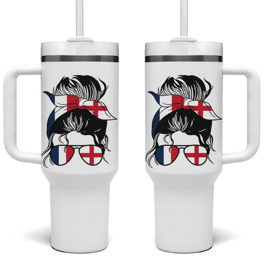 Proud France England Flag Messy Bun Bandana Sunglasses Graphic Tumbler With Handle French Anglo English Heritage Roots Woman