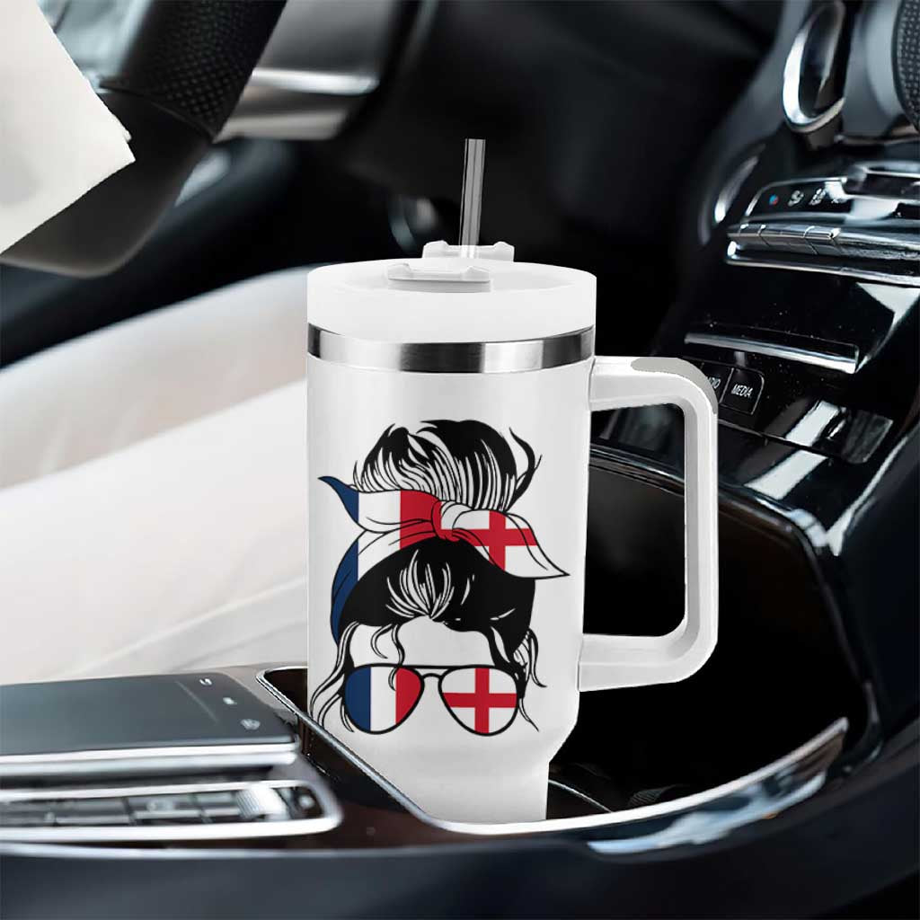 Proud France England Flag Messy Bun Bandana Sunglasses Graphic Tumbler With Handle French Anglo English Heritage Roots Woman