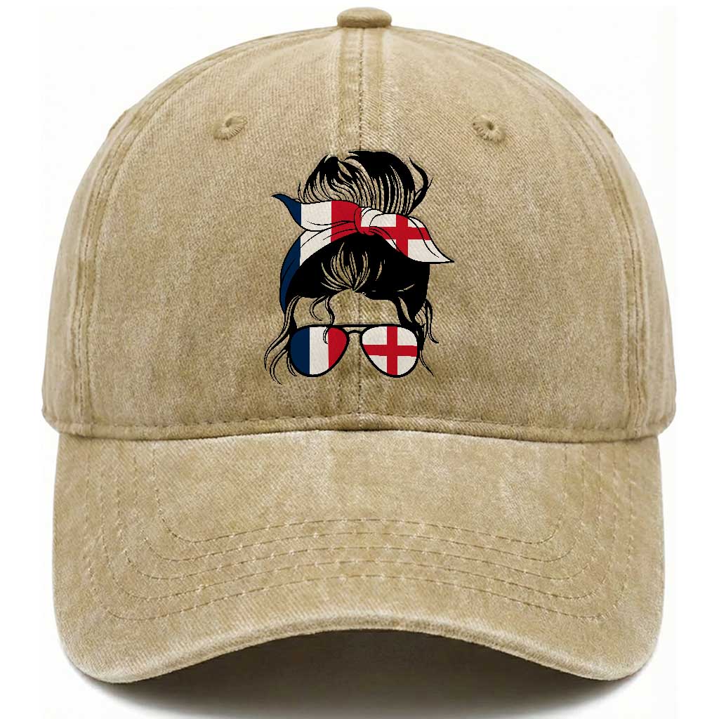 Proud France England Flag Messy Bun Bandana Sunglasses Graphic Washed Cotton Baseball Cap French Anglo English Heritage Roots Woman