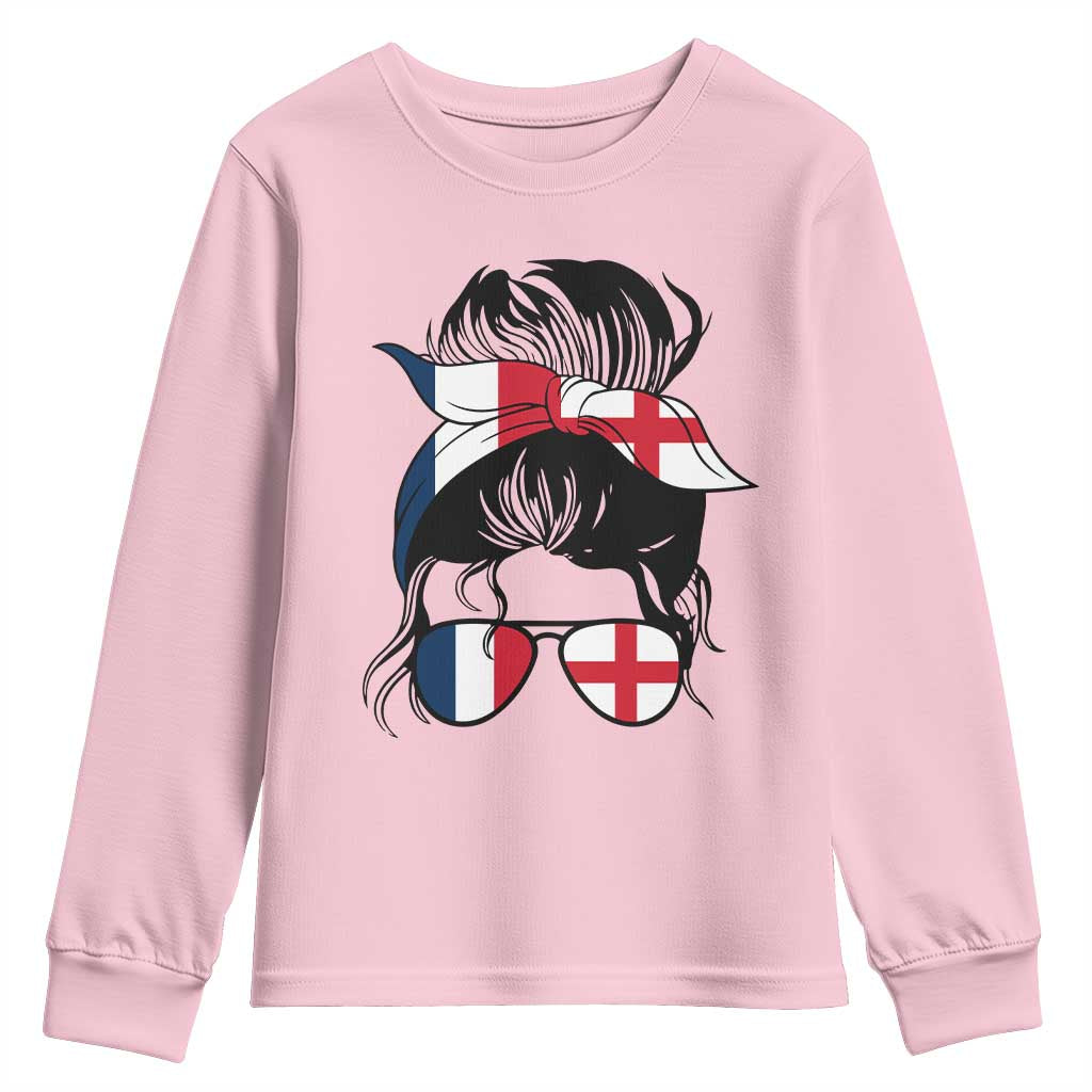 Proud France England Flag Messy Bun Bandana Sunglasses Graphic Youth Sweatshirt French Anglo English Heritage Roots Woman