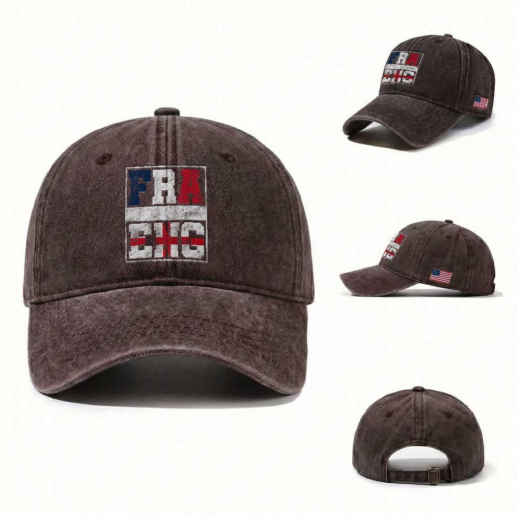 FRA ENG France England Flag Graphic Washed Cotton Baseball Cap French English Country Pride