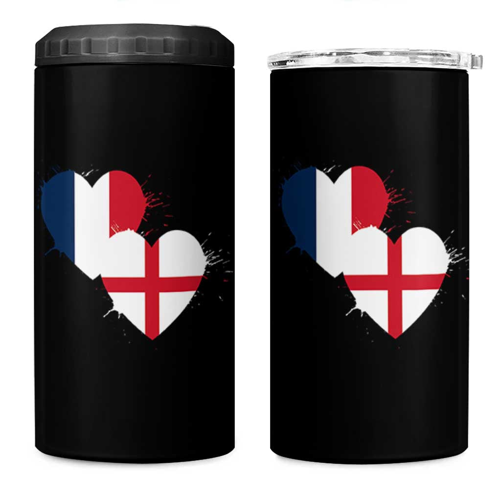 France England Flag Hearts Splatter Graphic 4 in 1 Can Cooler Tumbler Anglo English French Heritage Love Unity