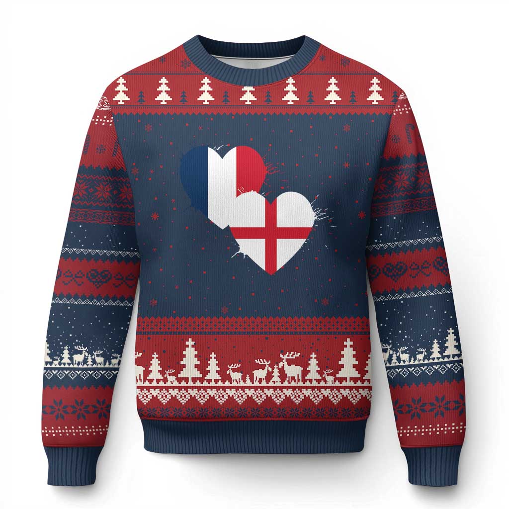 France England Flag Hearts Splatter Graphic Ugly Christmas Sweater Anglo English French Heritage Love Unity
