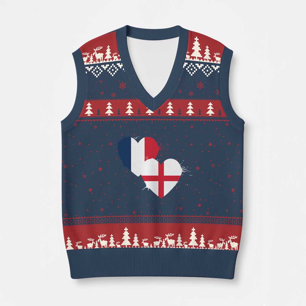 France England Flag Hearts Splatter Graphic V-Neck Knit Sweater Vest Anglo English French Heritage Love Unity