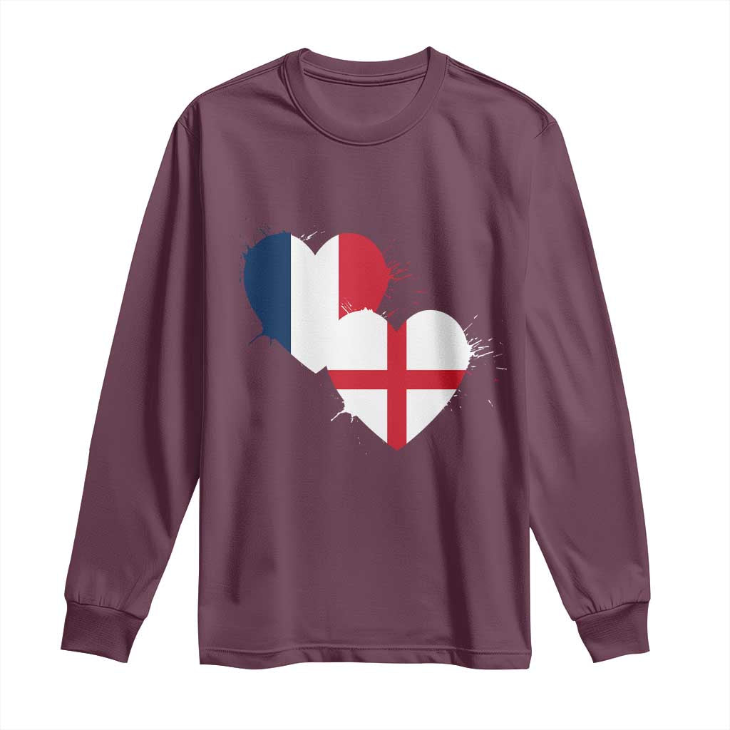 France England Flag Hearts Splatter Graphic Long Sleeve Shirt Anglo English French Heritage Love Unity