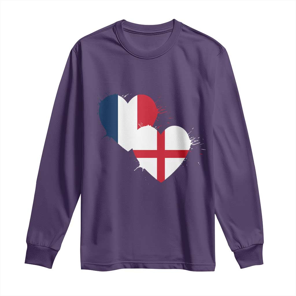 France England Flag Hearts Splatter Graphic Long Sleeve Shirt Anglo English French Heritage Love Unity