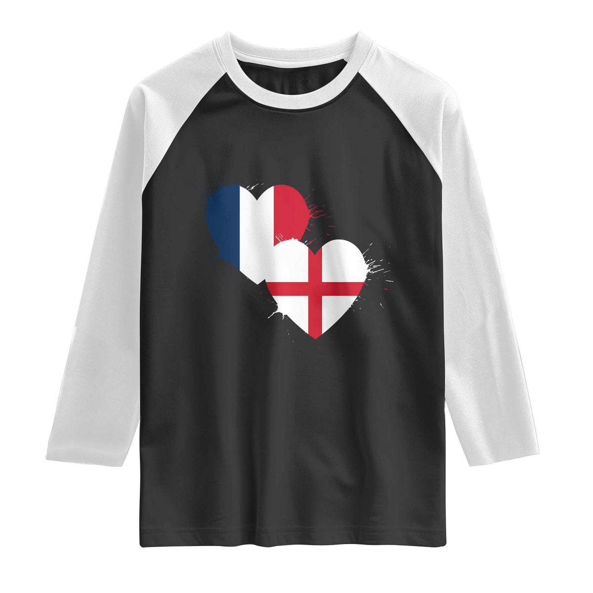 France England Flag Hearts Splatter Graphic Raglan Shirt Anglo English French Heritage Love Unity