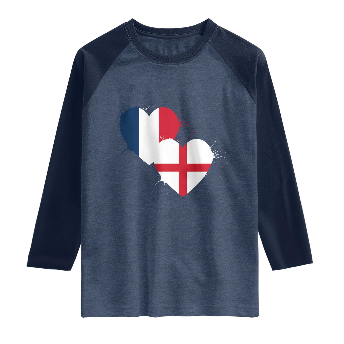 France England Flag Hearts Splatter Graphic Raglan Shirt Anglo English French Heritage Love Unity