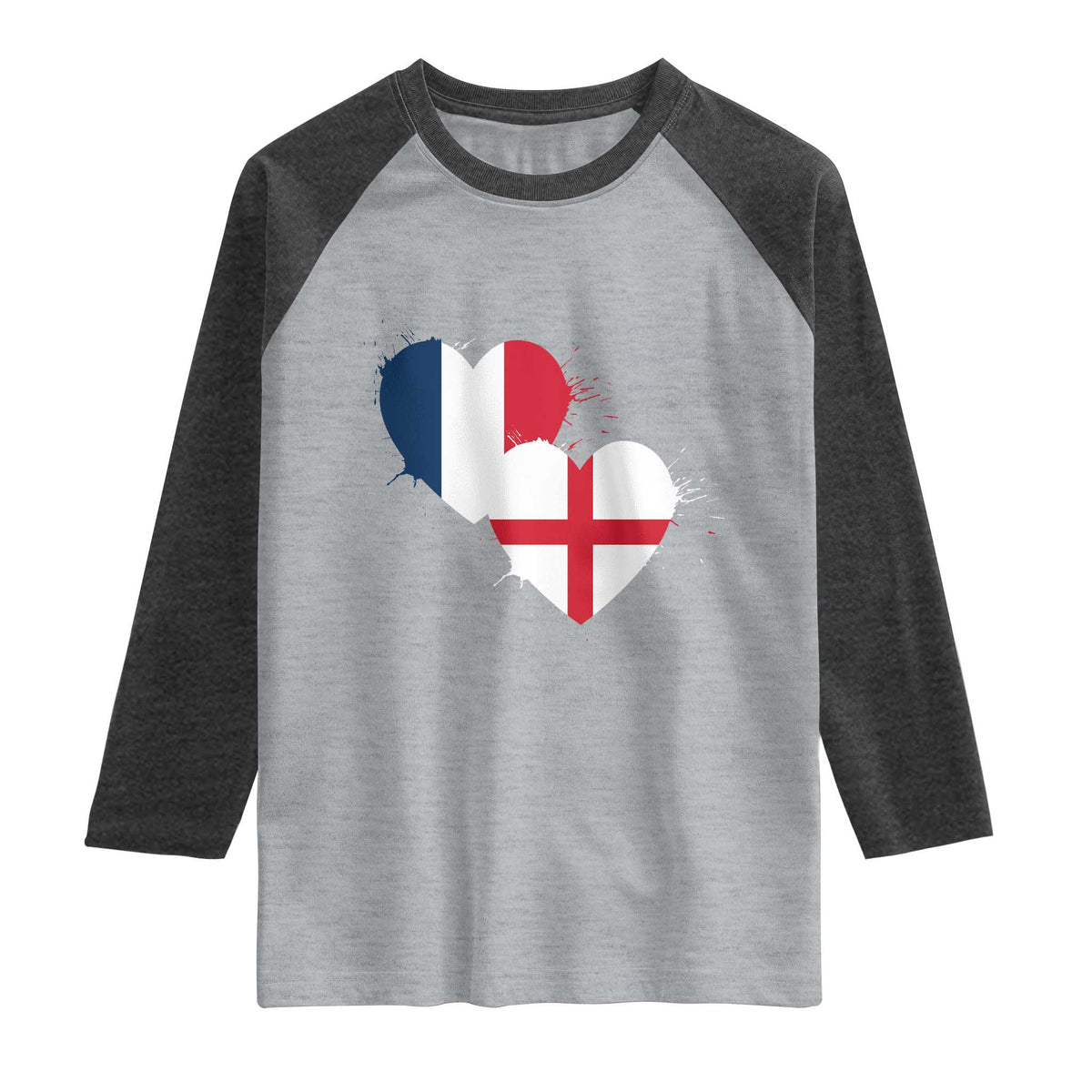 France England Flag Hearts Splatter Graphic Raglan Shirt Anglo English French Heritage Love Unity