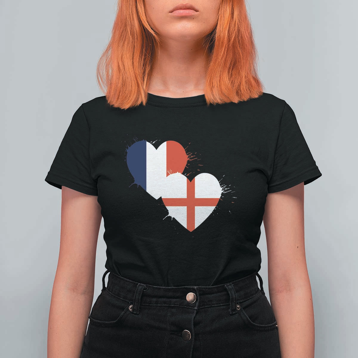 France England Flag Hearts Splatter Graphic T Shirt For Women Anglo English French Heritage Love Unity TS02