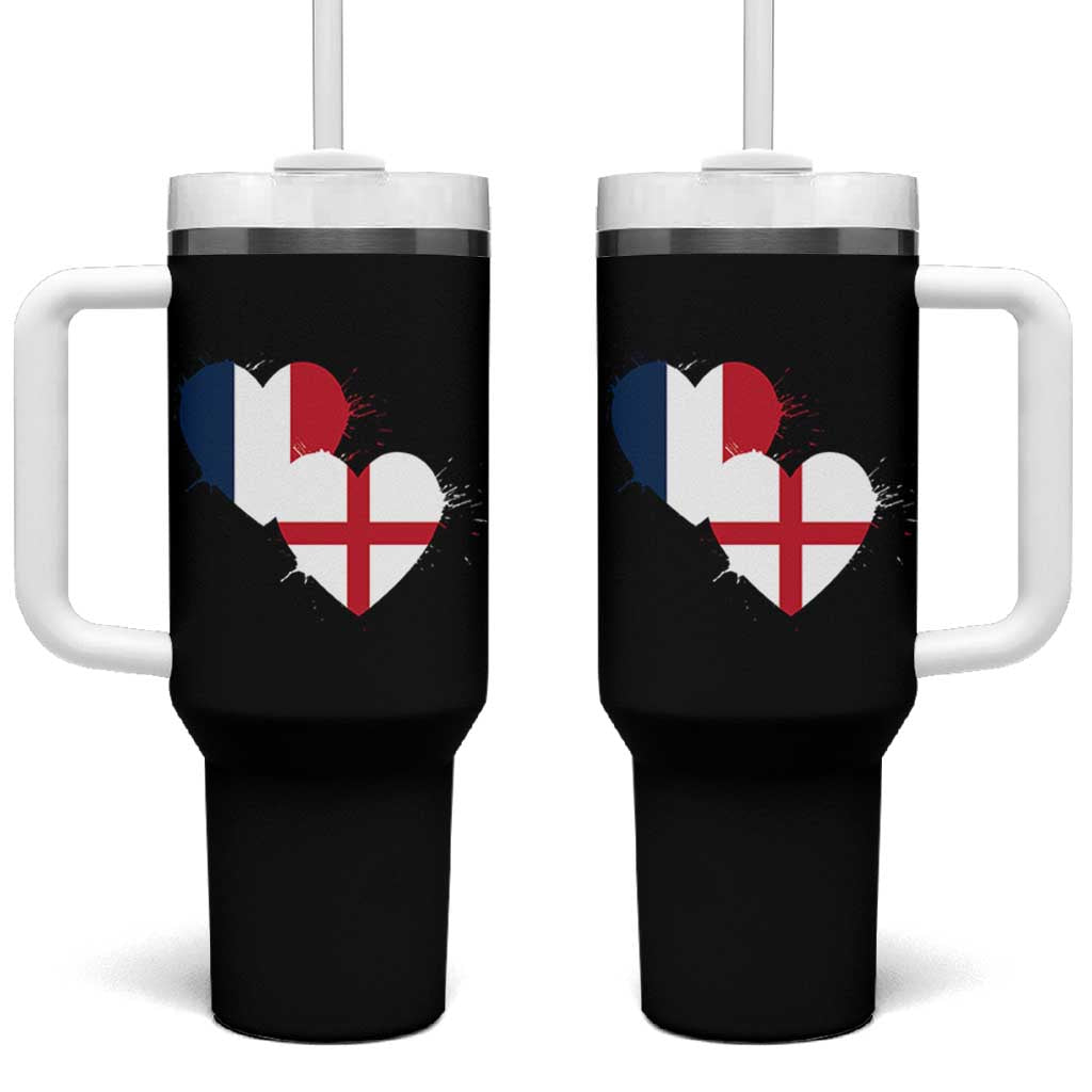 France England Flag Hearts Splatter Graphic Tumbler With Handle Anglo English French Heritage Love Unity