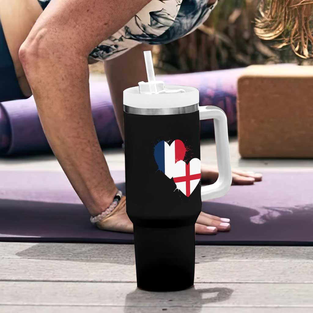 France England Flag Hearts Splatter Graphic Tumbler With Handle Anglo English French Heritage Love Unity
