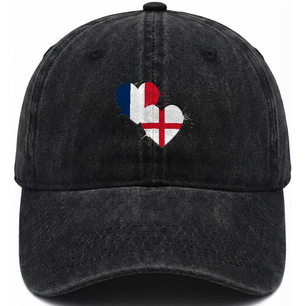 France England Flag Hearts Splatter Graphic Washed Cotton Baseball Cap Anglo English French Heritage Love Unity