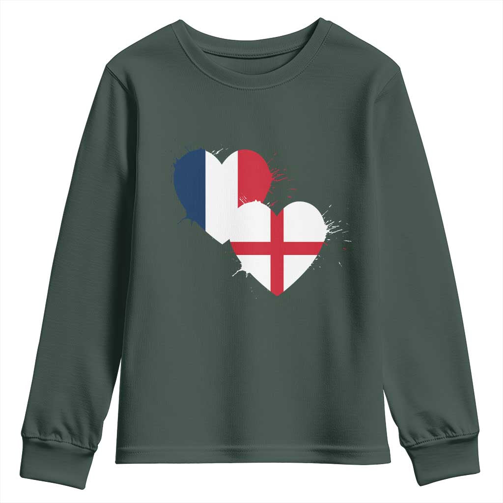France England Flag Hearts Splatter Graphic Youth Sweatshirt Anglo English French Heritage Love Unity