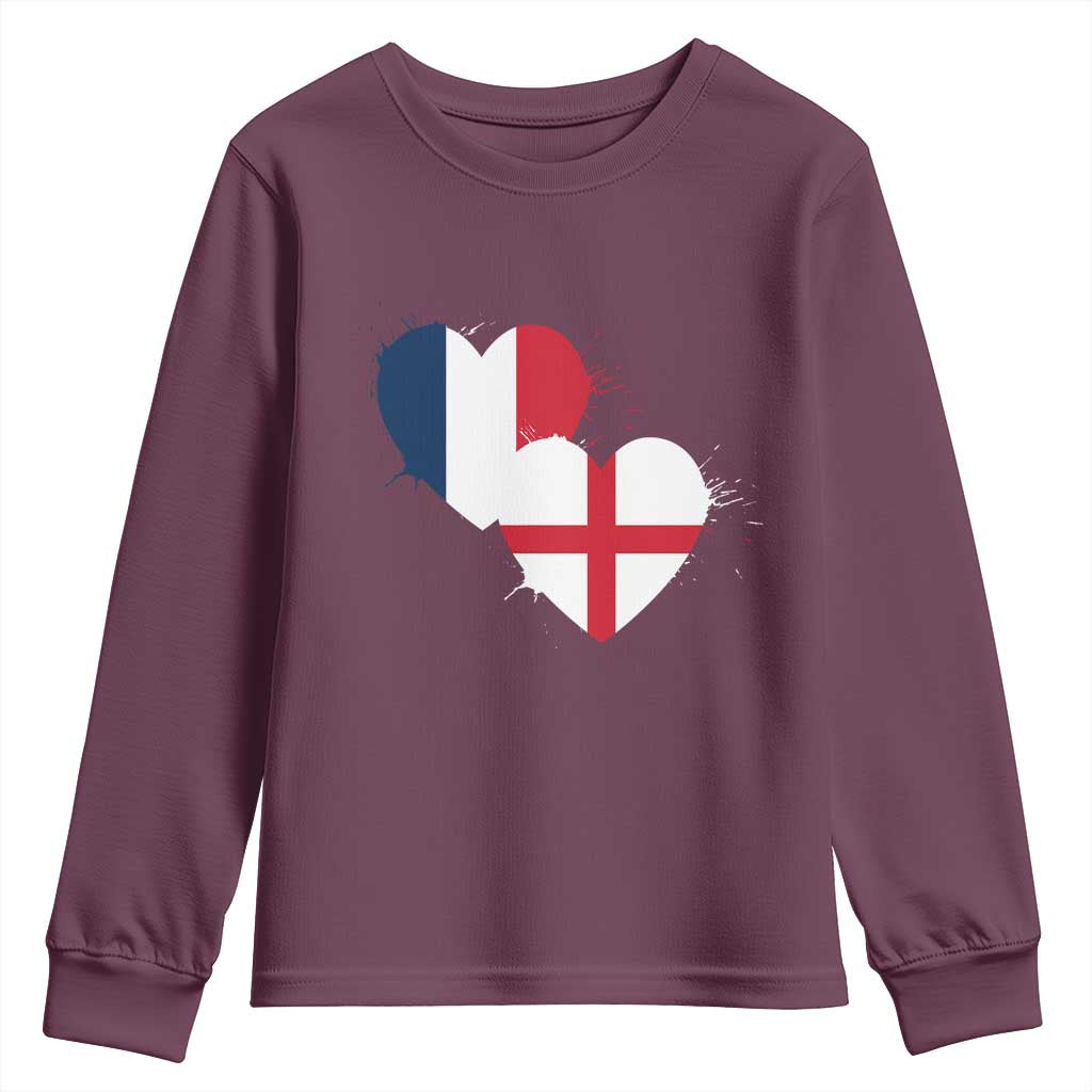 France England Flag Hearts Splatter Graphic Youth Sweatshirt Anglo English French Heritage Love Unity