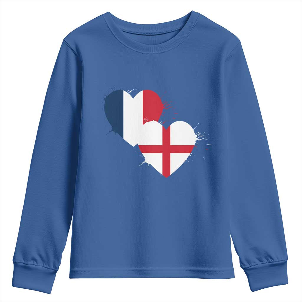 France England Flag Hearts Splatter Graphic Youth Sweatshirt Anglo English French Heritage Love Unity