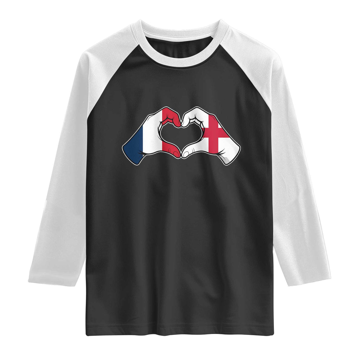 Proud Fance England Heritage Hand Heart Graphic Raglan Shirt French English Anglo Roots Cross Border Love Unity