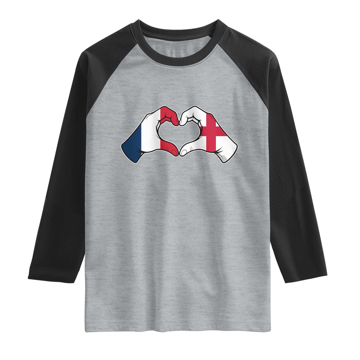 Proud Fance England Heritage Hand Heart Graphic Raglan Shirt French English Anglo Roots Cross Border Love Unity