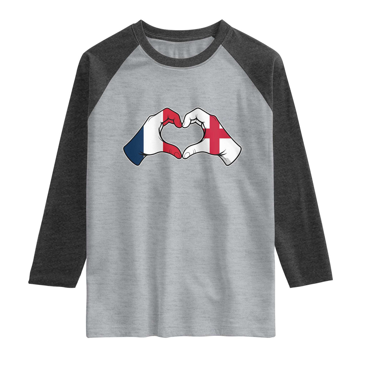 Proud Fance England Heritage Hand Heart Graphic Raglan Shirt French English Anglo Roots Cross Border Love Unity