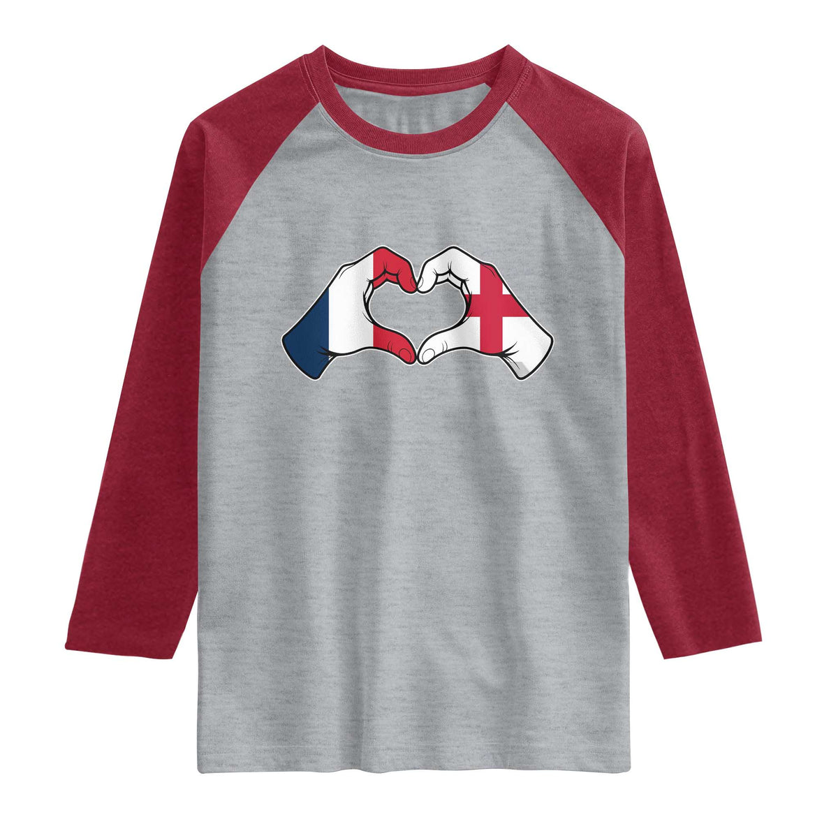 Proud Fance England Heritage Hand Heart Graphic Raglan Shirt French English Anglo Roots Cross Border Love Unity