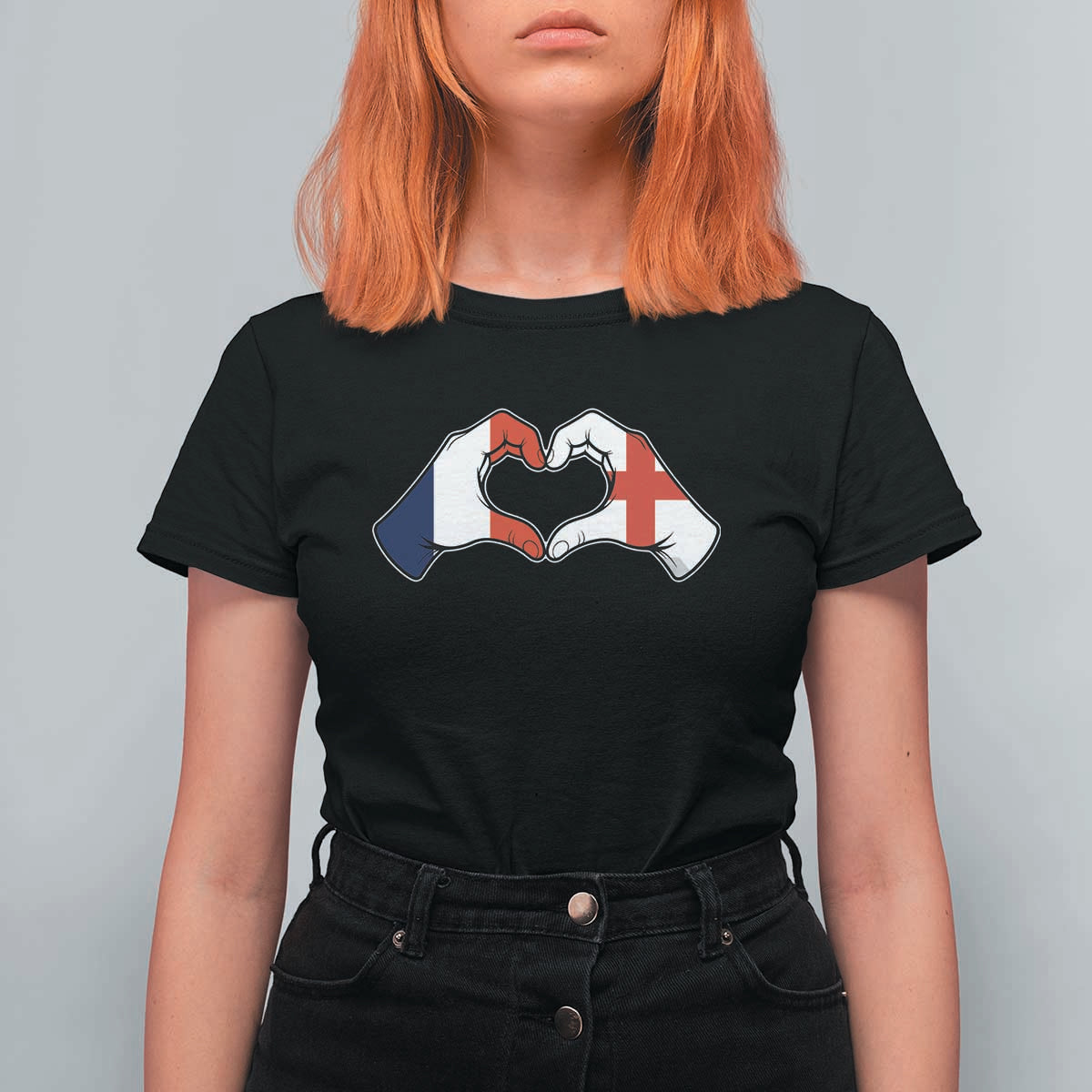 Proud Fance England Heritage Hand Heart Graphic T Shirt For Women French English Anglo Roots Cross Border Love Unity TS02