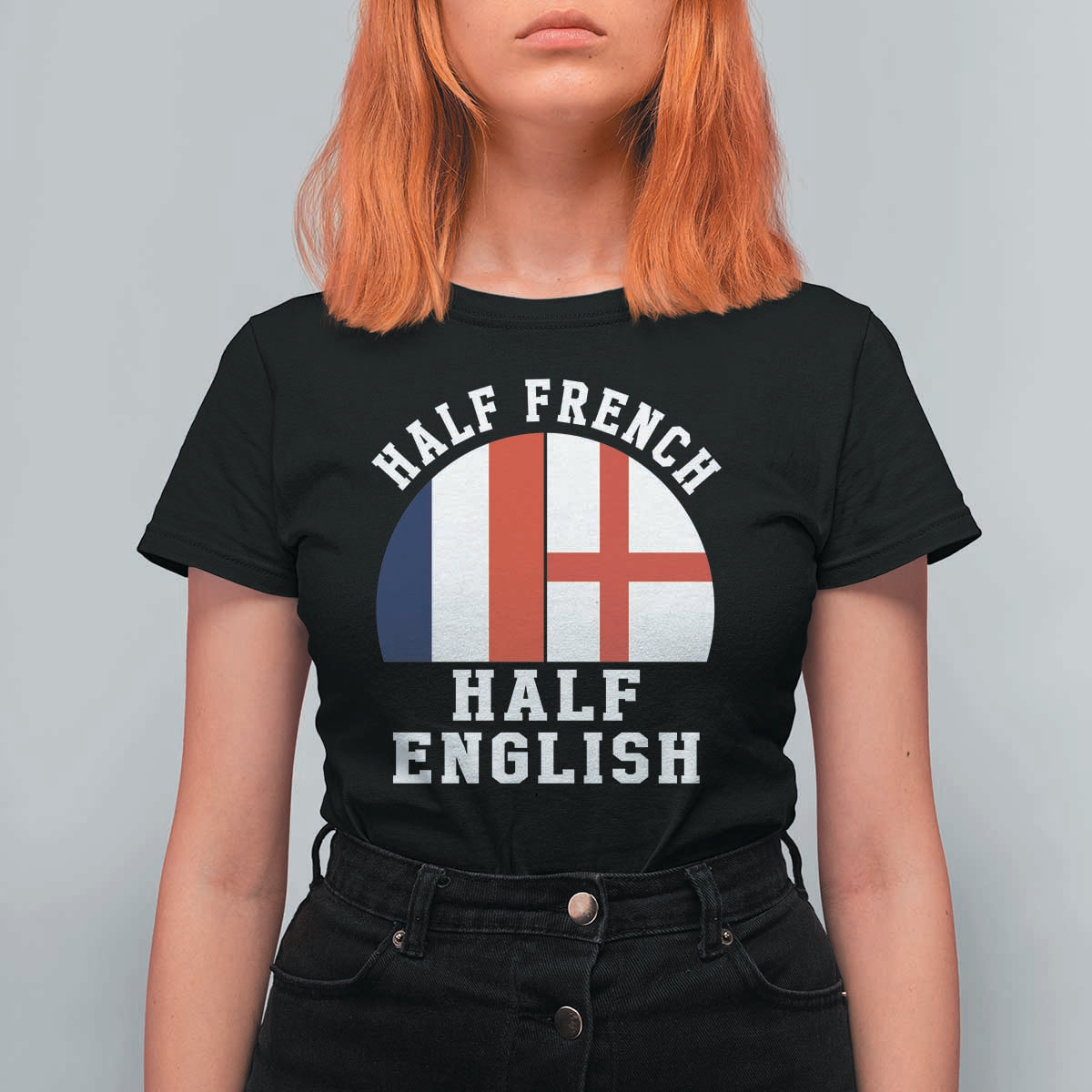 Half French Half English Split Flag Graphic T Shirt For Women Patriotic Anglo England France Dual Heritage DNA Ancestry TS02