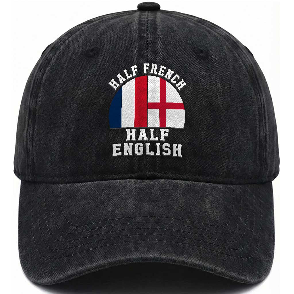 Half French Half English Split Flag Graphic Washed Cotton Baseball Cap Patriotic Anglo England France Dual Heritage DNA Ancestry