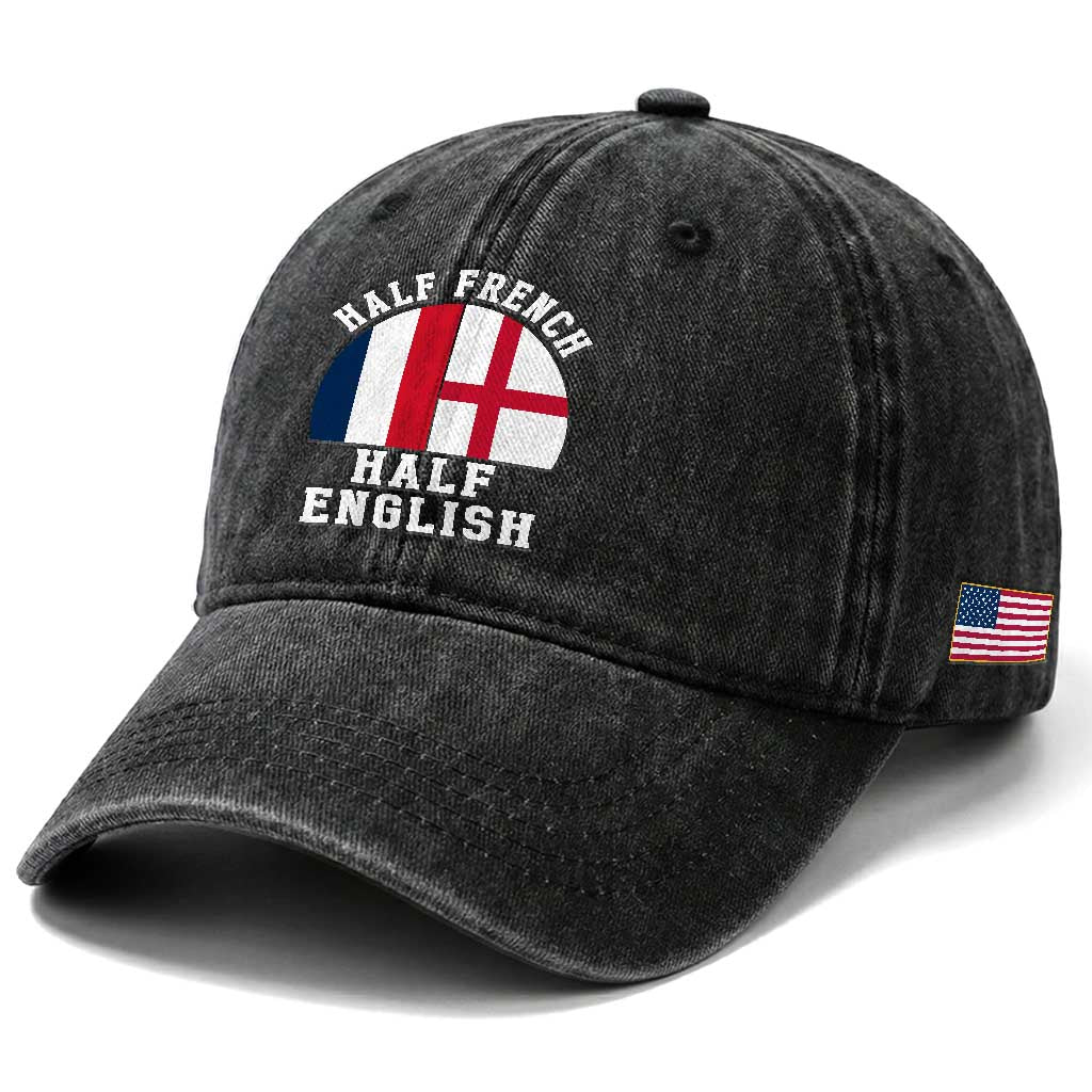 Half French Half English Split Flag Graphic Washed Cotton Baseball Cap Patriotic Anglo England France Dual Heritage DNA Ancestry