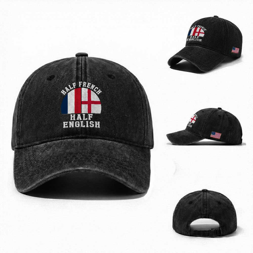 Half French Half English Split Flag Graphic Washed Cotton Baseball Cap Patriotic Anglo England France Dual Heritage DNA Ancestry