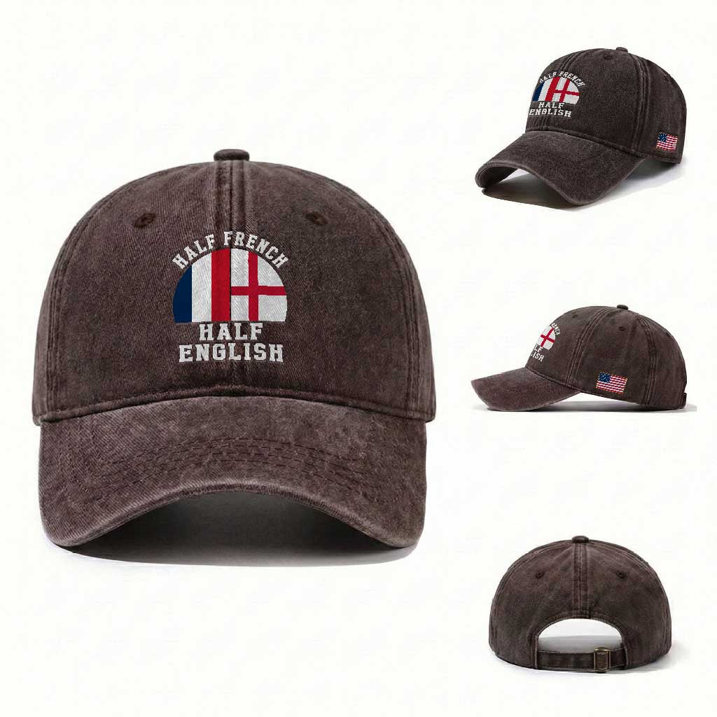 Half French Half English Split Flag Graphic Washed Cotton Baseball Cap Patriotic Anglo England France Dual Heritage DNA Ancestry