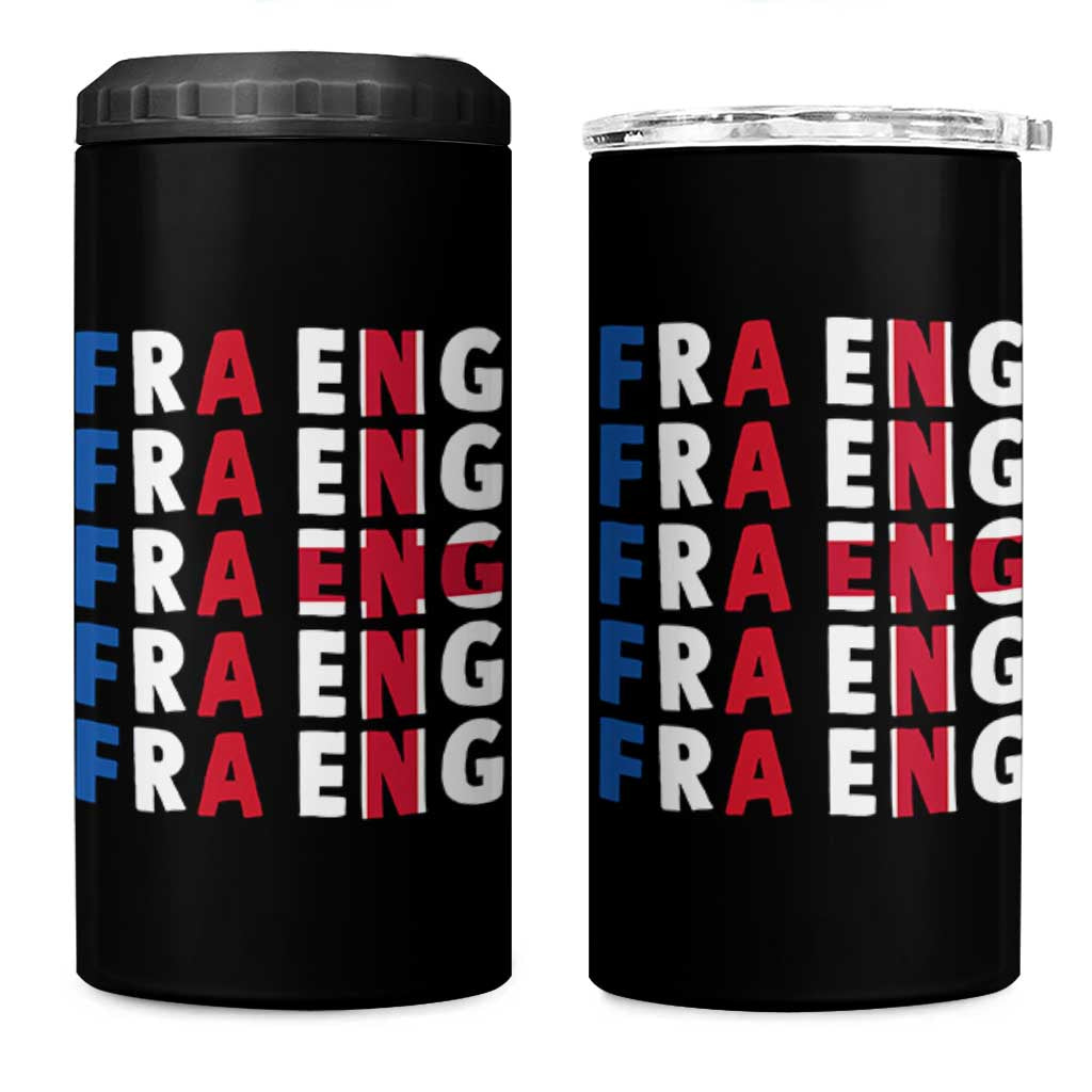 FRA ENG France England Flag Graphic 4 in 1 Can Cooler Tumbler French English Typographic Dual Heritage Pride Match Day