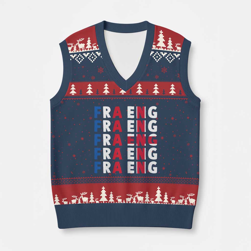 FRA ENG France England Flag Graphic V-Neck Knit Sweater Vest French English Typographic Dual Heritage Pride Match Day