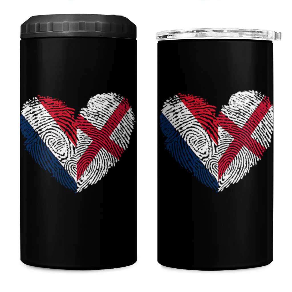 France England Flag Fingerprint Heart DNA Graphic 4 in 1 Can Cooler Tumbler Proud Anglo English French Ancestry Love Identity