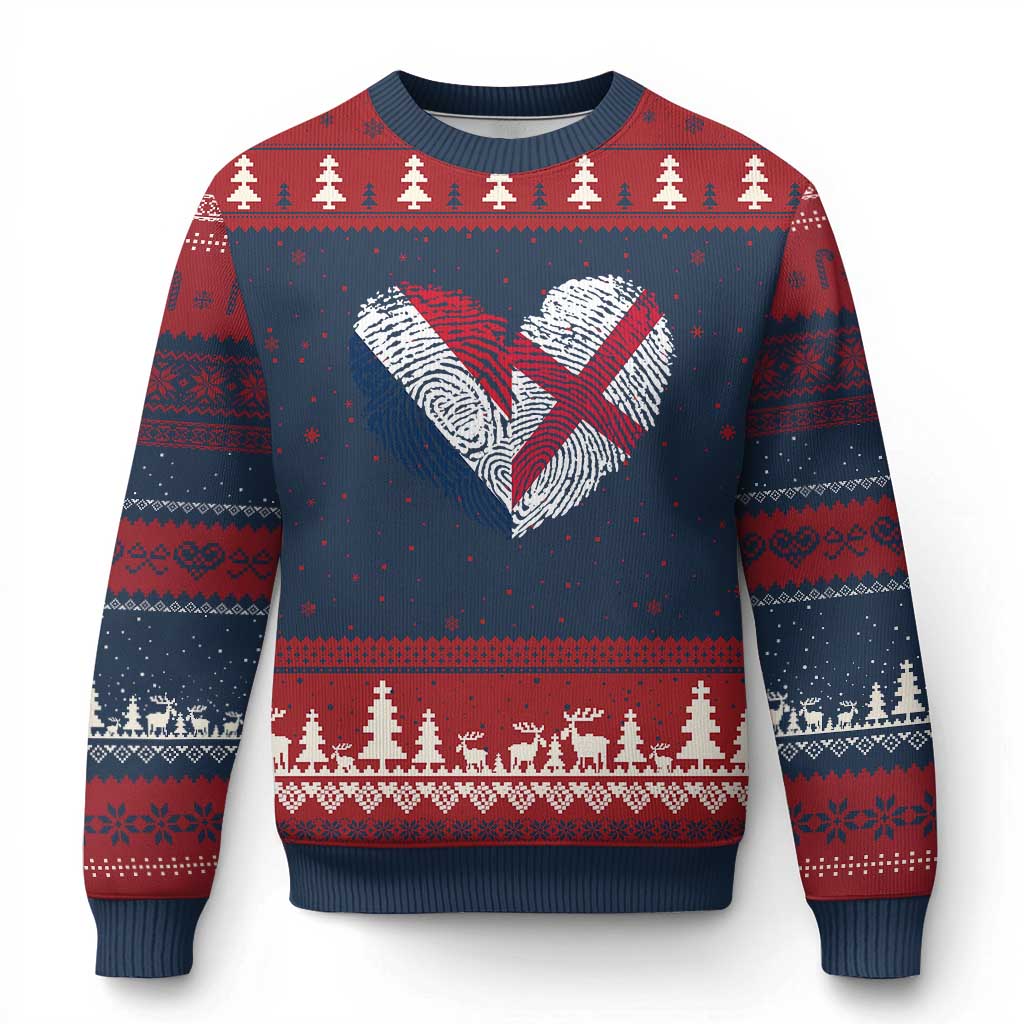 France England Flag Fingerprint Heart DNA Graphic Ugly Christmas Sweater Proud Anglo English French Ancestry Love Identity