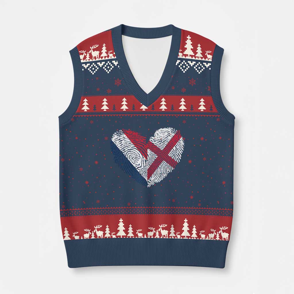 France England Flag Fingerprint Heart DNA Graphic V-Neck Knit Sweater Vest Proud Anglo English French Ancestry Love Identity