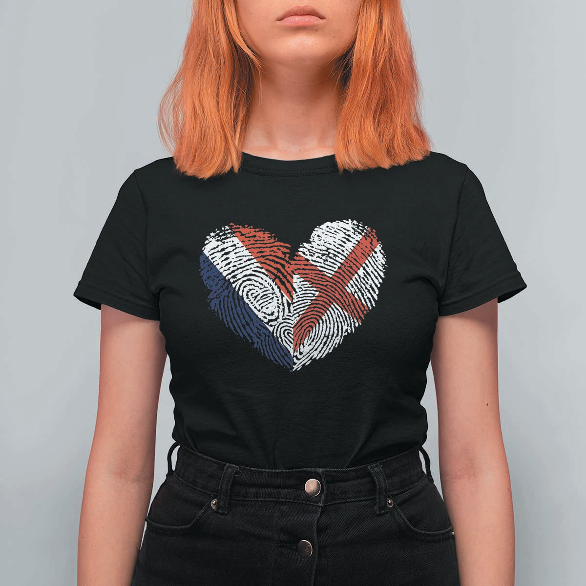 France England Flag Fingerprint Heart DNA Graphic T Shirt For Women Proud Anglo English French Ancestry Love Identity TS02